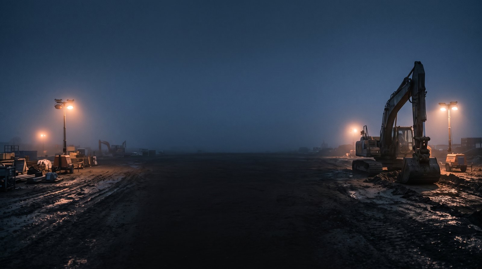 Canteiro de obras à noite, com escavadeira e equipamentos iluminados